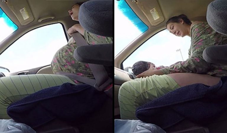 הבעל מצלם את אשתו יולדת בתוך הרכב כשהם בדרך לבית החולים
